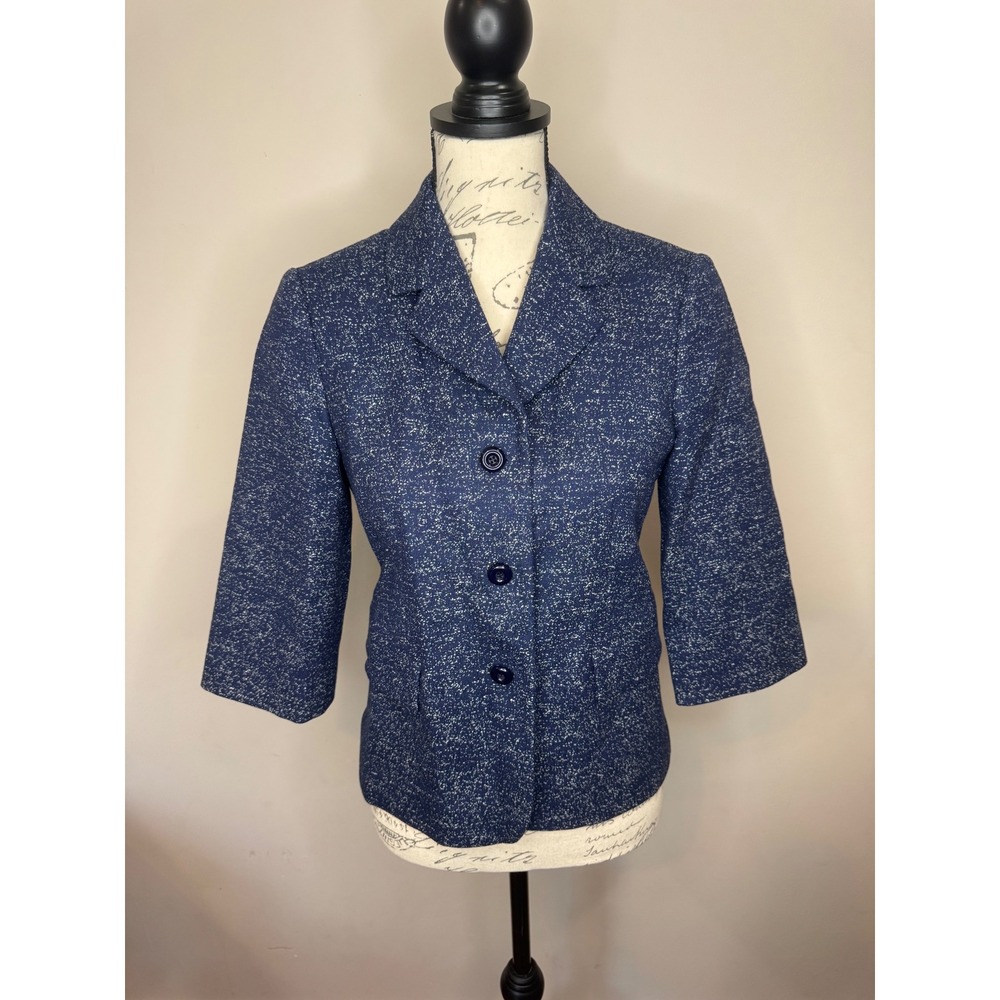 Michael Kors Collection Wool Blend 3/4 Sleeve 3 Button Blazer Blue Marled sz 6